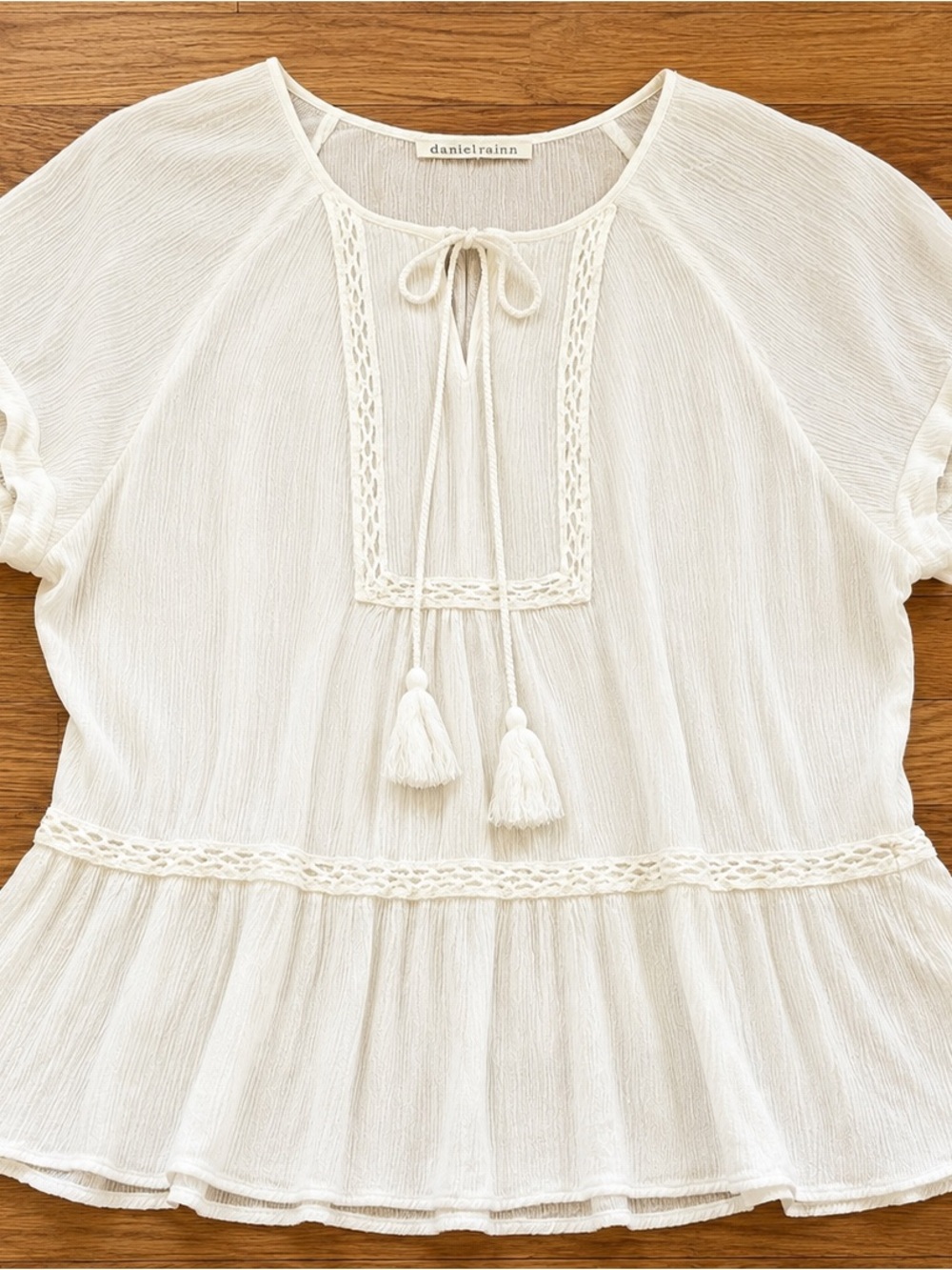 Daniel Rainn Ivory Boho Peasant Blouse Tie Gauze Top | Cottagecore Romantic